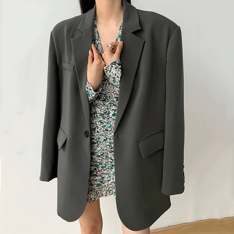 Women’s Black Single-Button Blazer – Loose Fit Office & Streetwear.