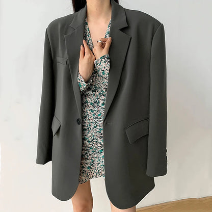 Women’s Black Single-Button Blazer – Loose Fit Office & Streetwear.