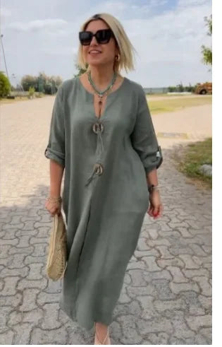 Women’s Casual Linen Maxi Dress – Loose Short Sleeve Elegant Dress