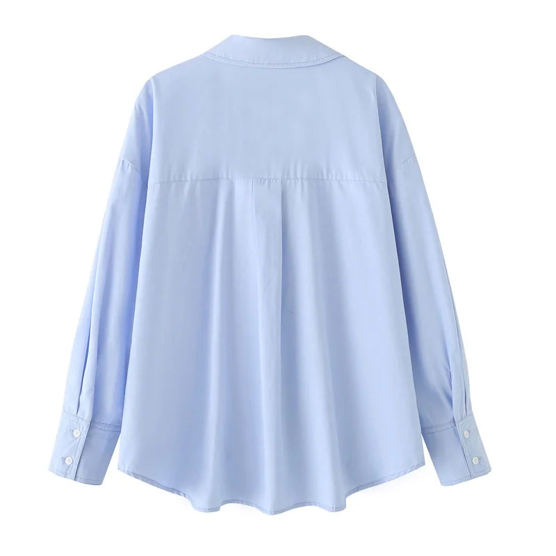 TRAF 2025 Woman Blouses Long Stripe Shirts Women Spring Summer Long Sleeve Blue White Shirt Woman Large Tops Button Up Shirts