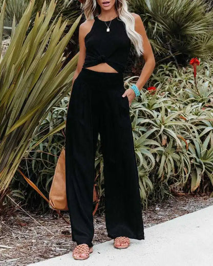 Women’s Mid-Waist Drawstring Wide-Leg Pants – Casual Spring & Summer