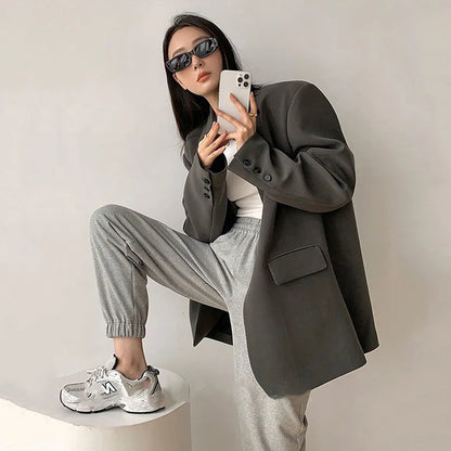 Women’s Black Single-Button Blazer – Loose Fit Office & Streetwear.