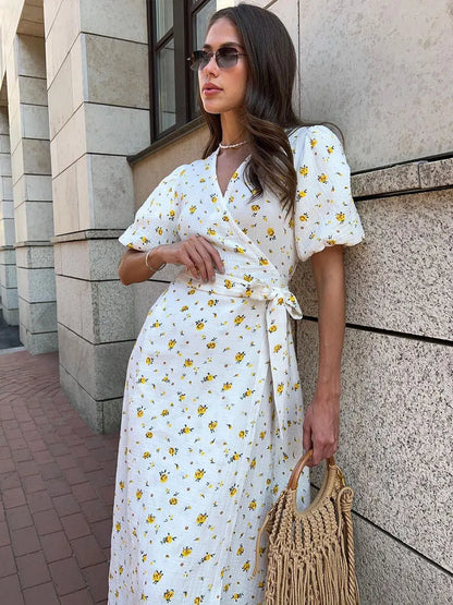 Women’s Floral Cotton Dress – V-Neck Short Sleeve Tunic for Summer