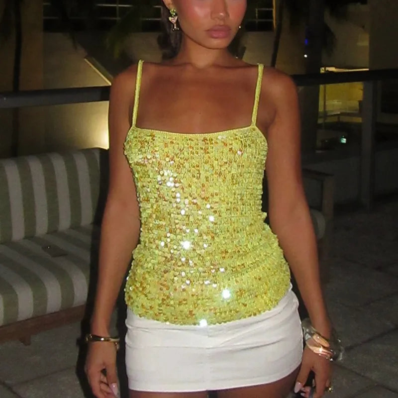 Sequin Embellished Crochet Crop Tops Women Summer Beach Knitted Smocked Camis Sparkly Glitter Backless Cover-up Crop Tops Vest