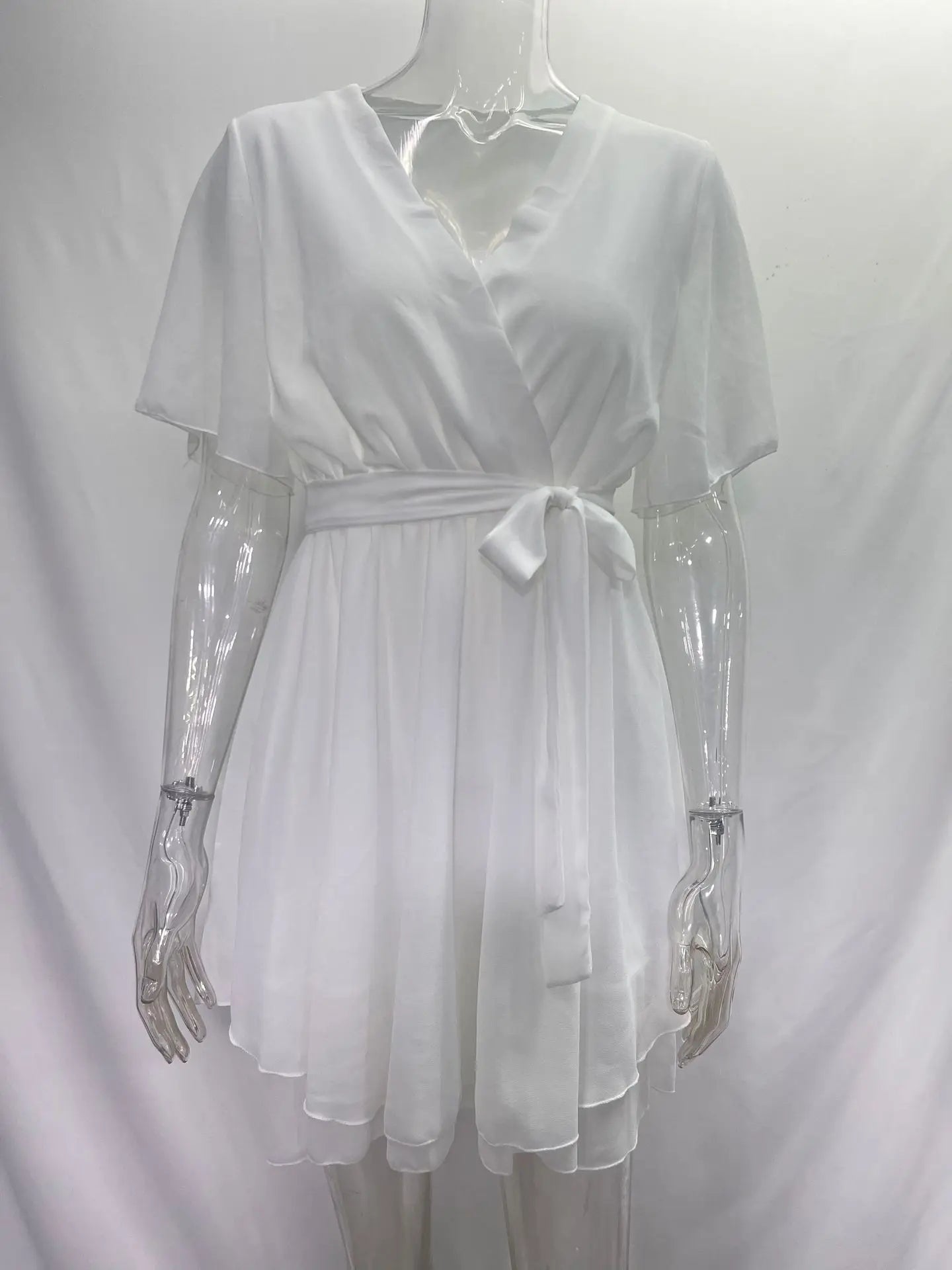 Women’s Summer V-Neck Cross-Strap Mini Dress – Ruffled Chiffon Party Dress