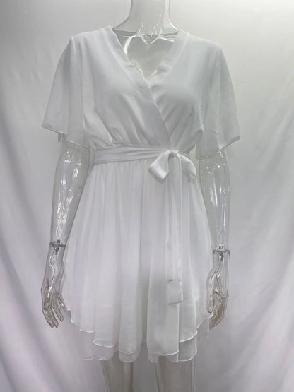 Women’s Summer V-Neck Cross-Strap Mini Dress – Ruffled Chiffon Party Dress