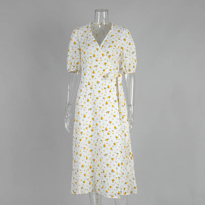 Women’s Floral Cotton Dress – V-Neck Short Sleeve Tunic for Summer