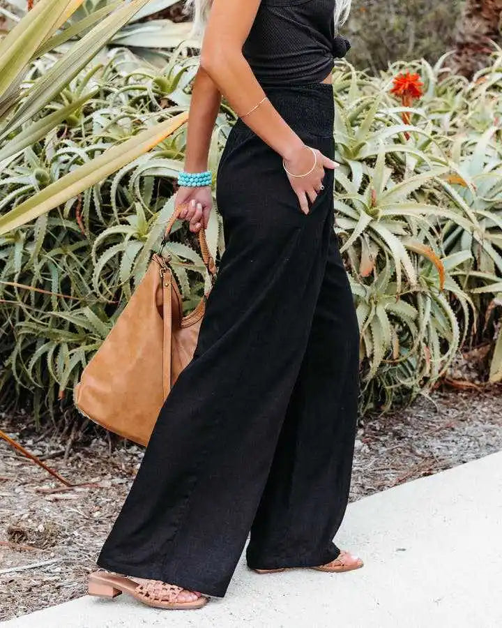 Women’s Mid-Waist Drawstring Wide-Leg Pants – Casual Spring & Summer