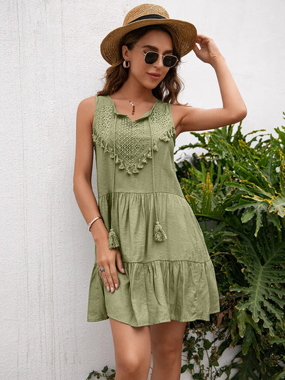 Women’s High-Waist Tassel Lace Mini Dress – Sleeveless Summer Sundress