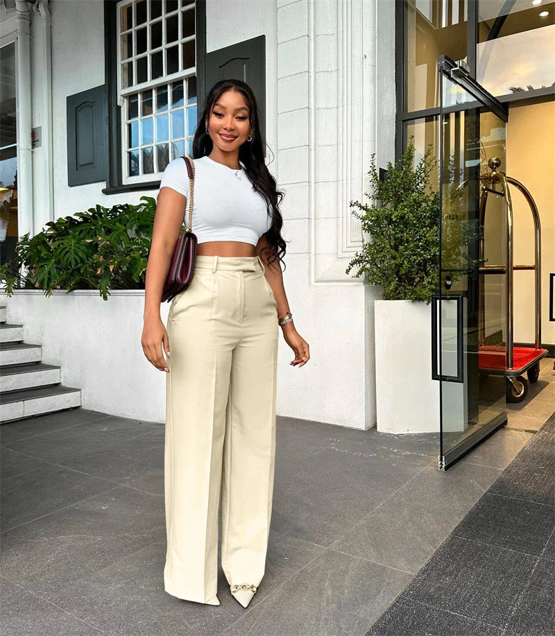 Women’s Elegant Wide-Leg High-Waist Pants – Loose Office Workwear Trousers