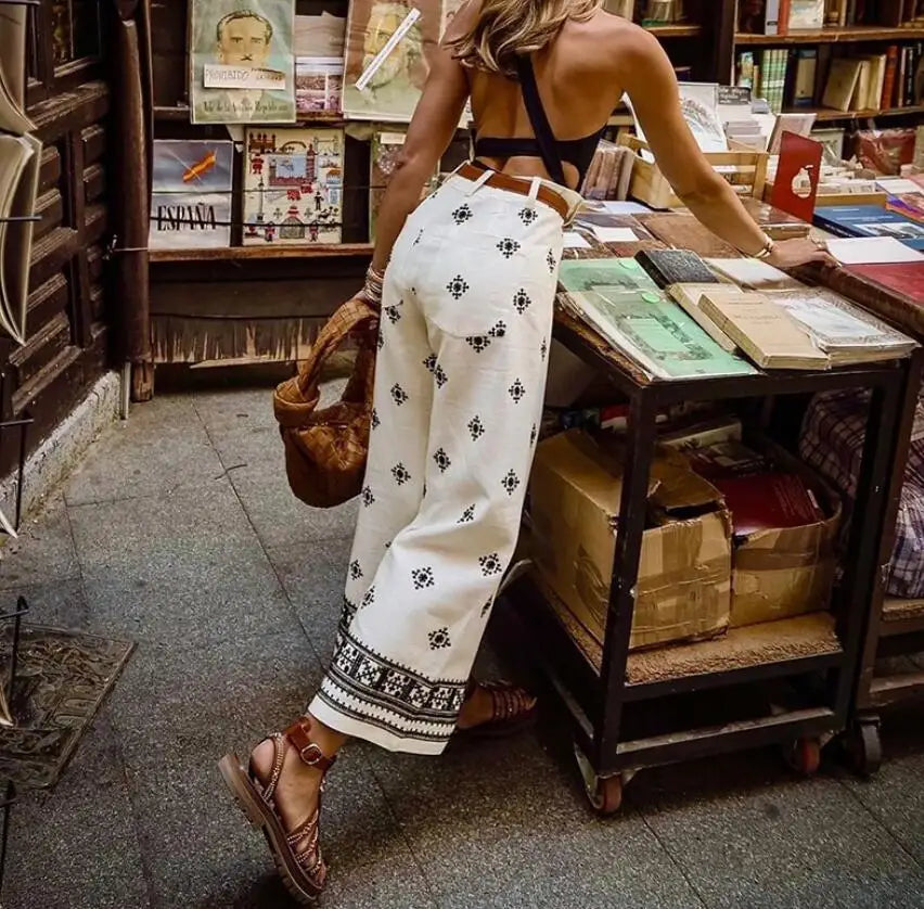 New Fashion Printed Bohemian High Waist Wide Leg Pants For Women