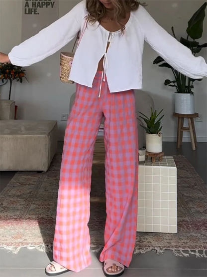 Women’s Pink Plaid Slim Straight Pants – Chic Zipper Fly Trousers