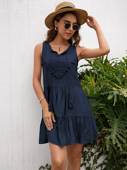 Women’s High-Waist Tassel Lace Mini Dress – Sleeveless Summer Sundress