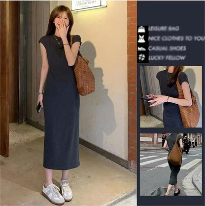 Women’s Simple Casual Dress – Elegant Slim Summer Streetwear, Korean Vintage Style