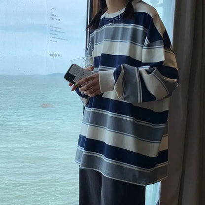 Women T shirts Summer Woman clothing Striped Top Sweatshirt 2023 korean fashion Long Sleeves Tee Patchwork Loose Couple T-shirts