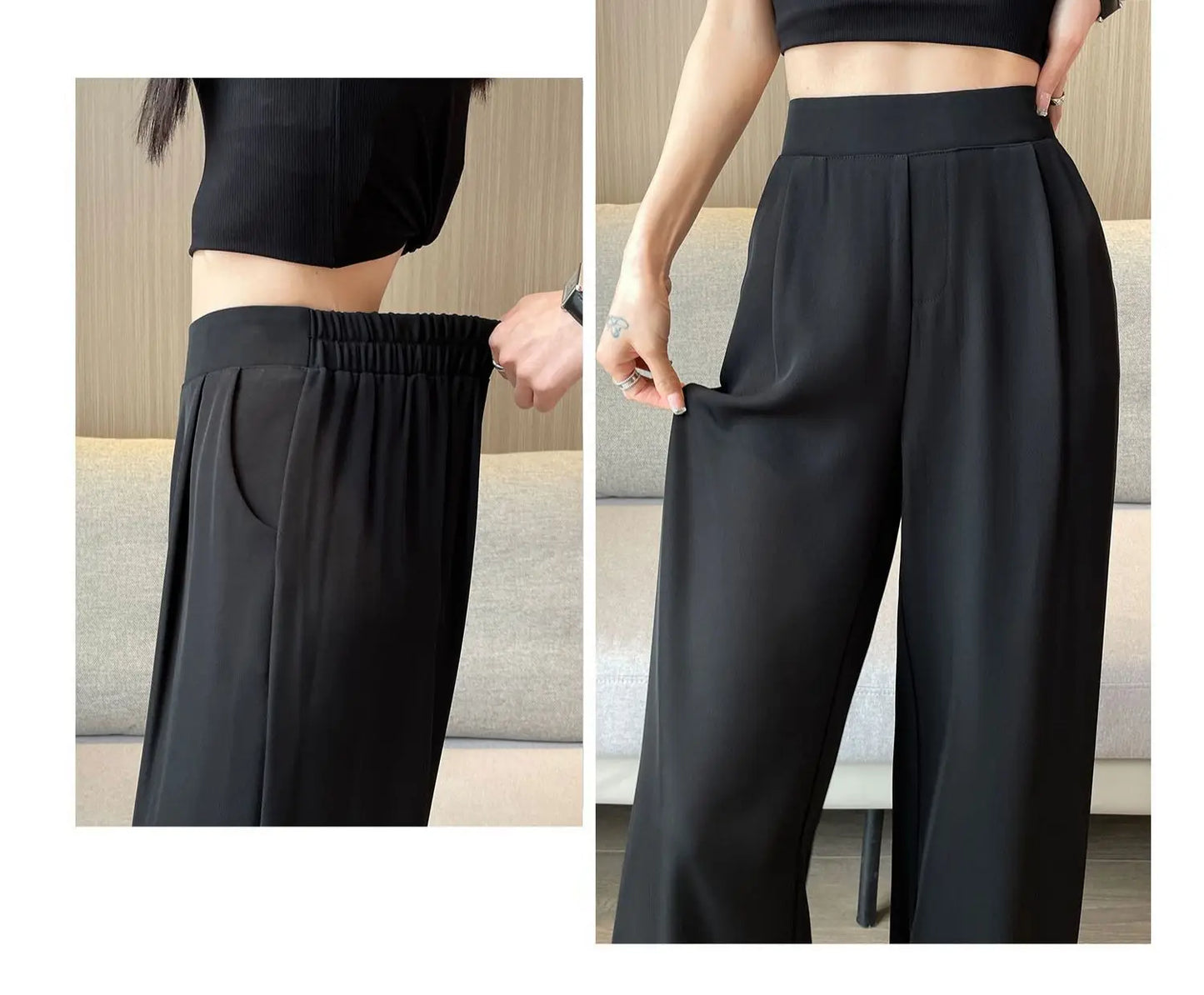 Women’s High-Waist Wide-Leg Casual Pants – Loose Straight Black Trousers