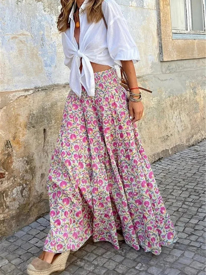 Women’s Floral Elastic Waist Long Skirt