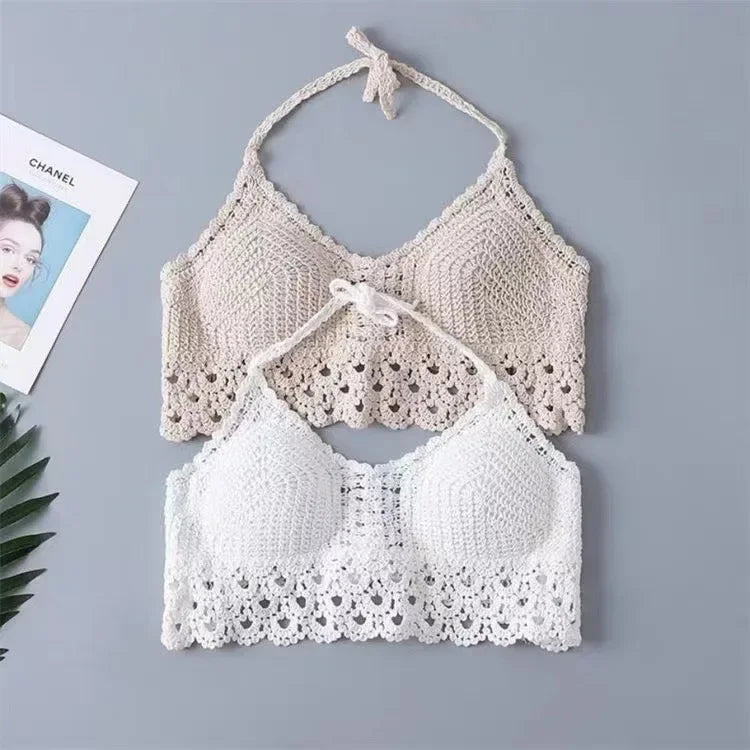 Women Beach Crop Tops Hollow Cover-Ups Perspective Tassel Sexy Spaghetti Strap Swinwear Built In Bra Backlless Halter Neck