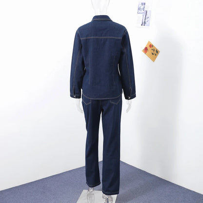 Denim Jacket Jeans 2 piece sets woman Long Sleeve Metal Buttons Sliming Pocket Top Straight Leg Pants Cowgirl Outfits for Women
