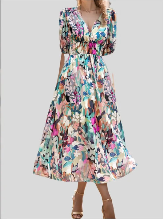 Women’s Casual Loose Dress – V-Neck High-Waist Summer Beach Dress