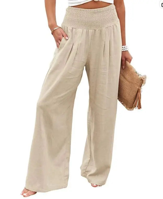 Women’s Mid-Waist Drawstring Wide-Leg Pants – Casual Spring & Summer