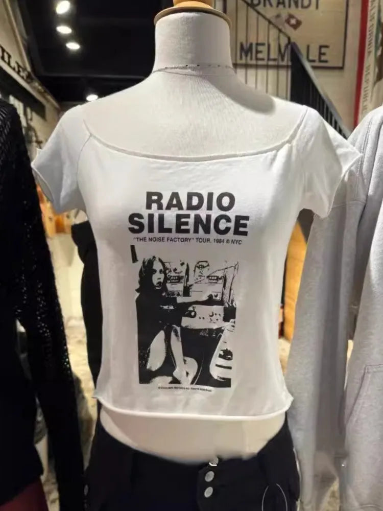 28 Graphic Print T-Shirts Woman Summer Slash Neck Short Sleeve Cotton Tees American Vintage Streetwear Raw Hem Crop Top T-shirts