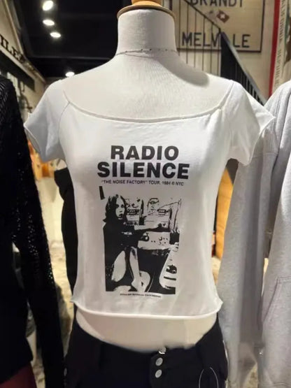 28 Graphic Print T-Shirts Woman Summer Slash Neck Short Sleeve Cotton Tees American Vintage Streetwear Raw Hem Crop Top T-shirts