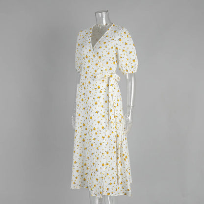 Women’s Floral Cotton Dress – V-Neck Short Sleeve Tunic for Summer