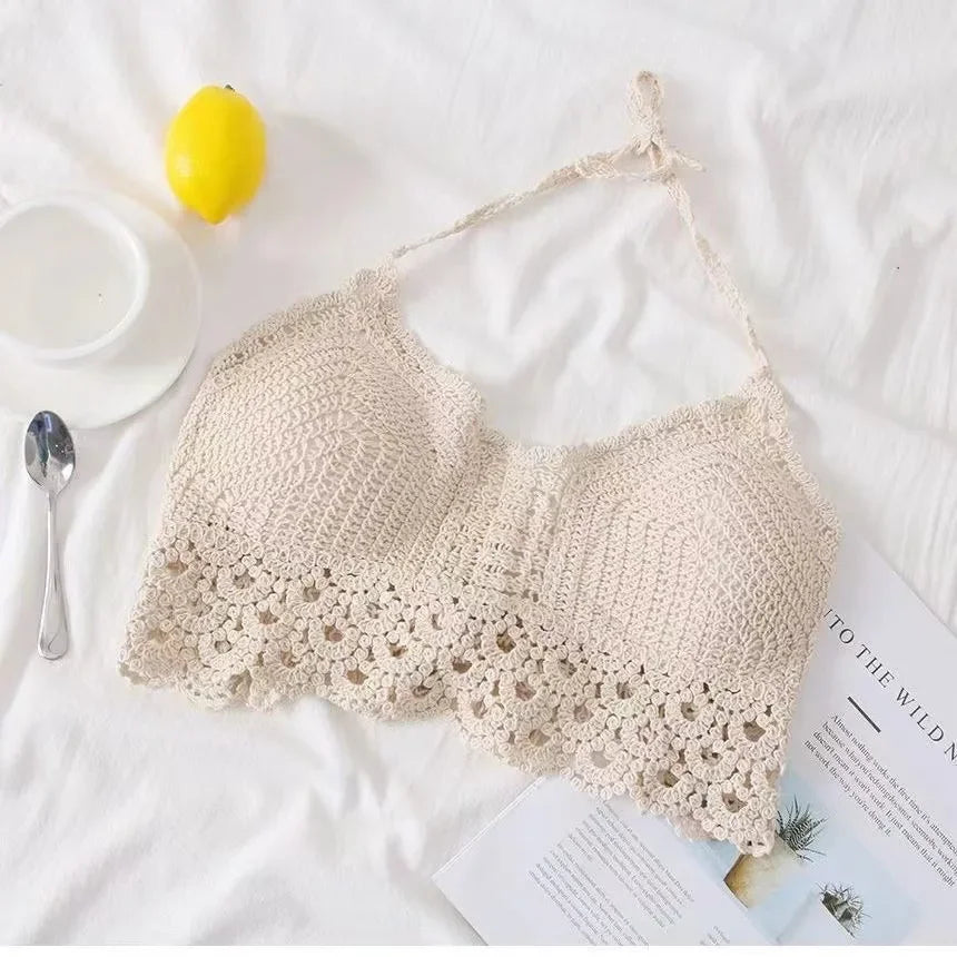 Women Beach Crop Tops Hollow Cover-Ups Perspective Tassel Sexy Spaghetti Strap Swinwear Built In Bra Backlless Halter Neck