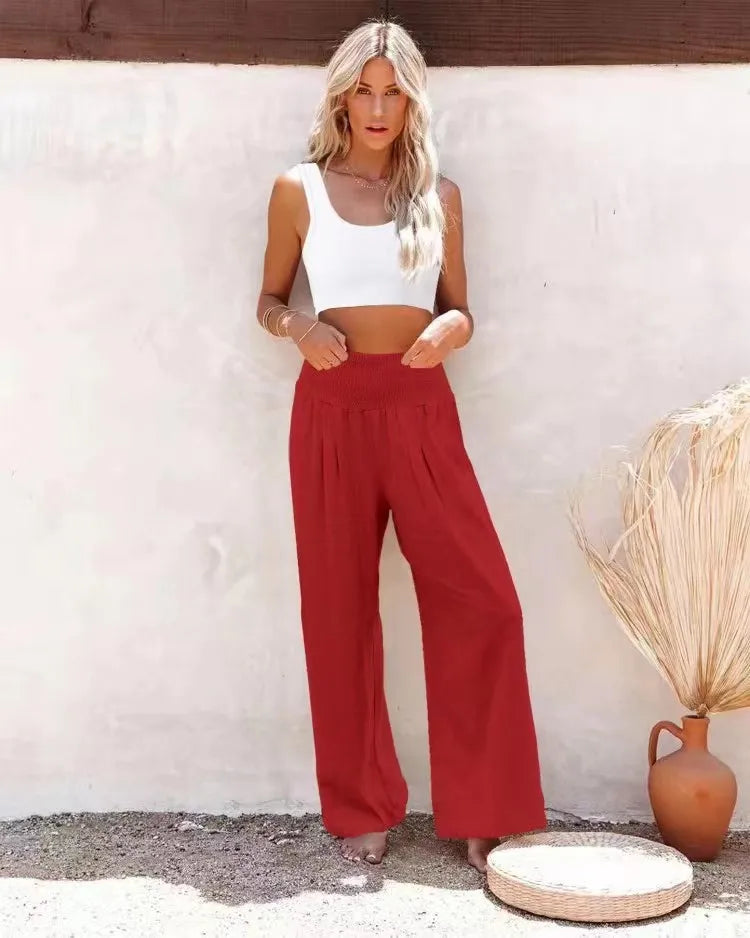 Women’s Mid-Waist Drawstring Wide-Leg Pants – Casual Spring & Summer