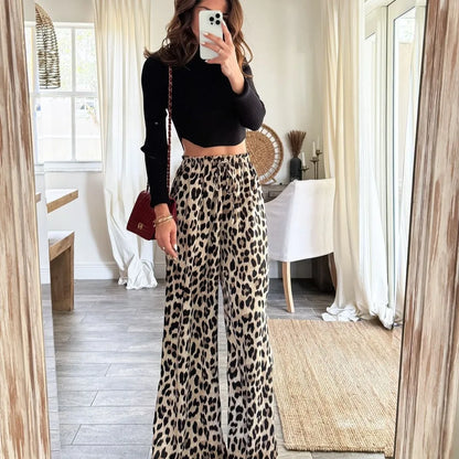 Women’s Leopard Print Pants – High-Waist Baggy Wide-Leg Trousers