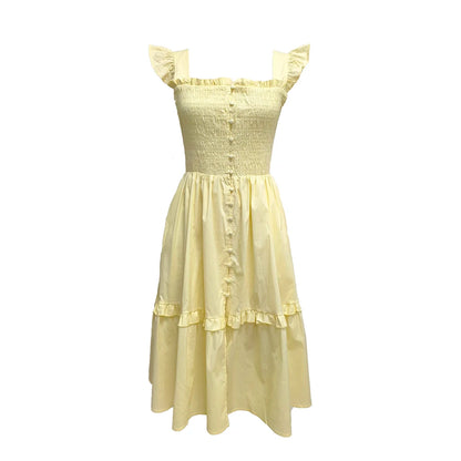 Women’s Yellow Off-Shoulder Tiered Dress – Summer Beach & Picnic Dress