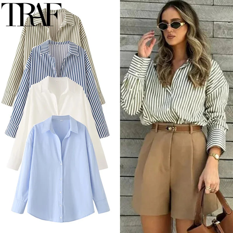 TRAF 2025 Woman Blouses Long Stripe Shirts Women Spring Summer Long Sleeve Blue White Shirt Woman Large Tops Button Up Shirts