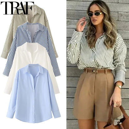 TRAF 2025 Woman Blouses Long Stripe Shirts Women Spring Summer Long Sleeve Blue White Shirt Woman Large Tops Button Up Shirts