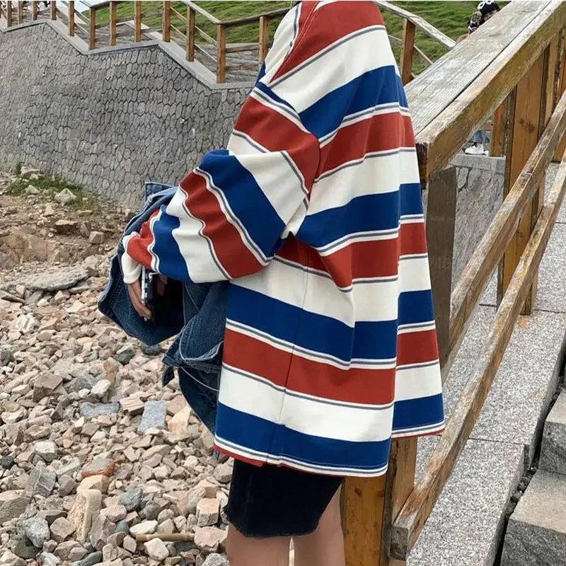 Women T shirts Summer Woman clothing Striped Top Sweatshirt 2023 korean fashion Long Sleeves Tee Patchwork Loose Couple T-shirts
