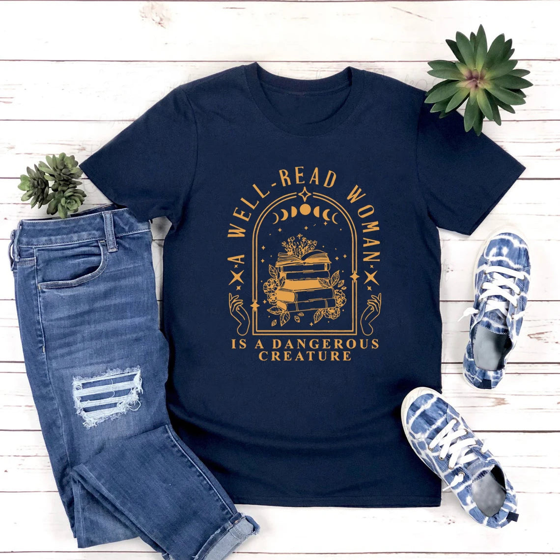 A Well Read Woman Is A Dangerous Creature T Shirts Bookish Merch T-Shirt Women Tshirts Vintage Graphic Tees Book Lovers Gifts