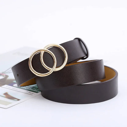 Women’s Double Ring PU Belt – Round Metal Buckle