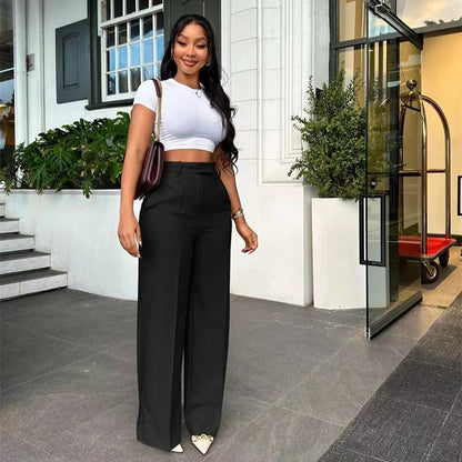 Women’s Elegant Wide-Leg High-Waist Pants – Loose Office Workwear Trousers