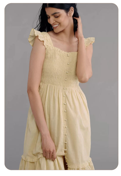 Women’s Yellow Off-Shoulder Tiered Dress – Summer Beach & Picnic Dress