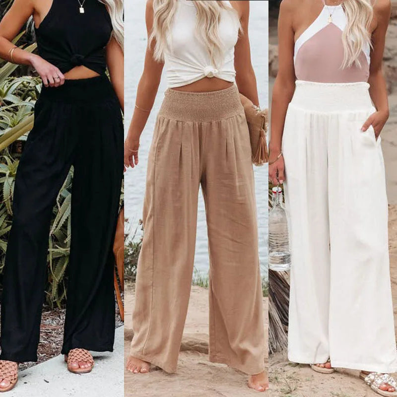 Women’s Mid-Waist Drawstring Wide-Leg Pants – Casual Spring & Summer