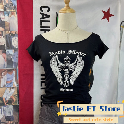 28 Graphic Print T-Shirts Woman Summer Slash Neck Short Sleeve Cotton Tees American Vintage Streetwear Raw Hem Crop Top T-shirts