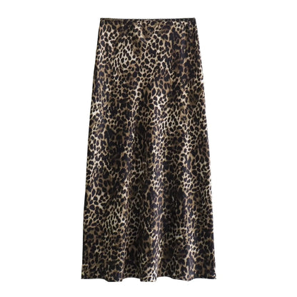 Women’s Leopard Print Satin Midi Skirt