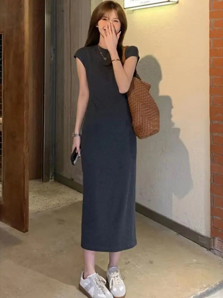Women’s Simple Casual Dress – Elegant Slim Summer Streetwear, Korean Vintage Style