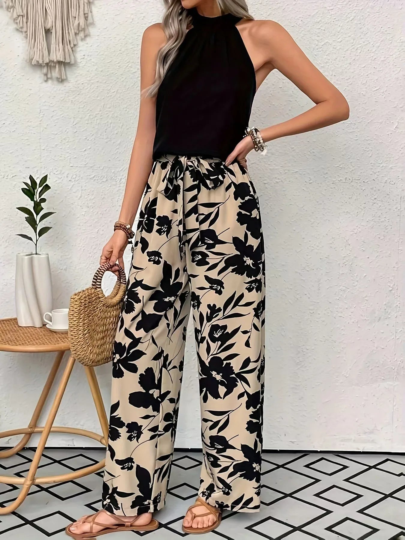 Women’s Casual Wide-Leg Printed Pants with Elastic Waist