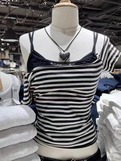 28 Graphic Print T-Shirts Woman Summer Slash Neck Short Sleeve Cotton Tees American Vintage Streetwear Raw Hem Crop Top T-shirts