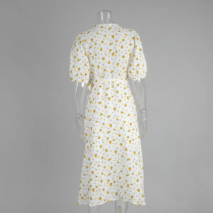 Women’s Floral Cotton Dress – V-Neck Short Sleeve Tunic for Summer