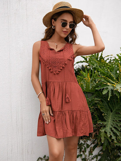 Women’s High-Waist Tassel Lace Mini Dress – Sleeveless Summer Sundress