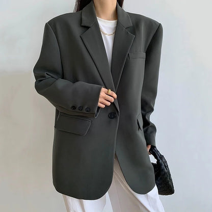 Women’s Black Single-Button Blazer – Loose Fit Office & Streetwear.