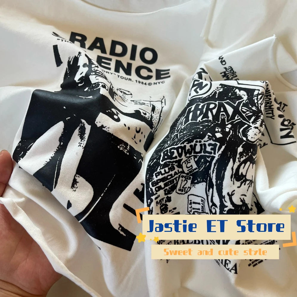 28 Graphic Print T-Shirts Woman Summer Slash Neck Short Sleeve Cotton Tees American Vintage Streetwear Raw Hem Crop Top T-shirts
