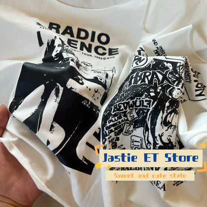 28 Graphic Print T-Shirts Woman Summer Slash Neck Short Sleeve Cotton Tees American Vintage Streetwear Raw Hem Crop Top T-shirts